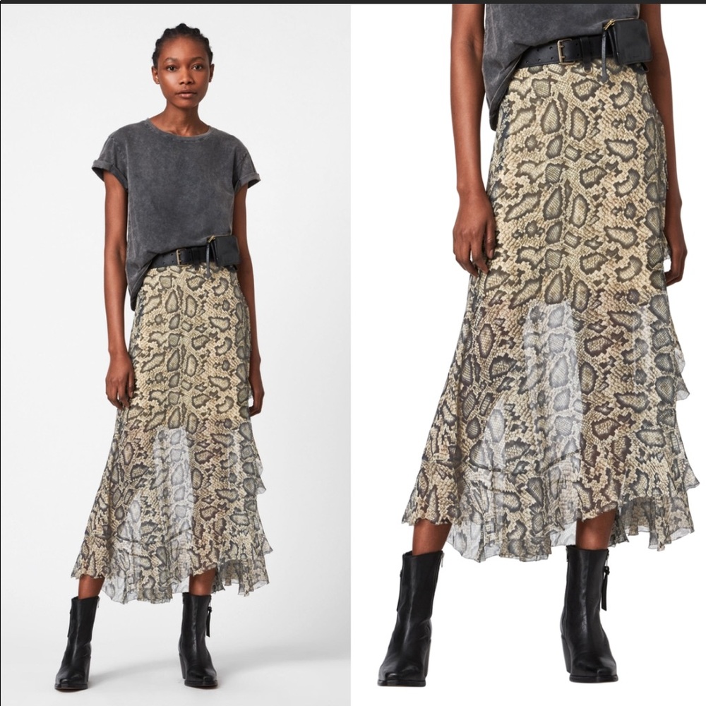 Allsaints Mena Stanza Skirt Snake Skin Print Side Ruffle Size 0